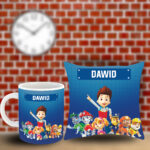 Poduszka i kubek z imieniem prezent z bajki Psi Patrol dla chłopca