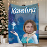 Personalizowany koc z twarzą i imieniem dziecka dla fanki Krainy Lodu